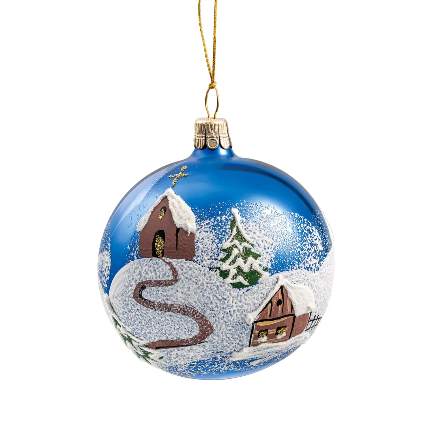 Glaskugel Blau Kirche Im Winter, 7 Cm