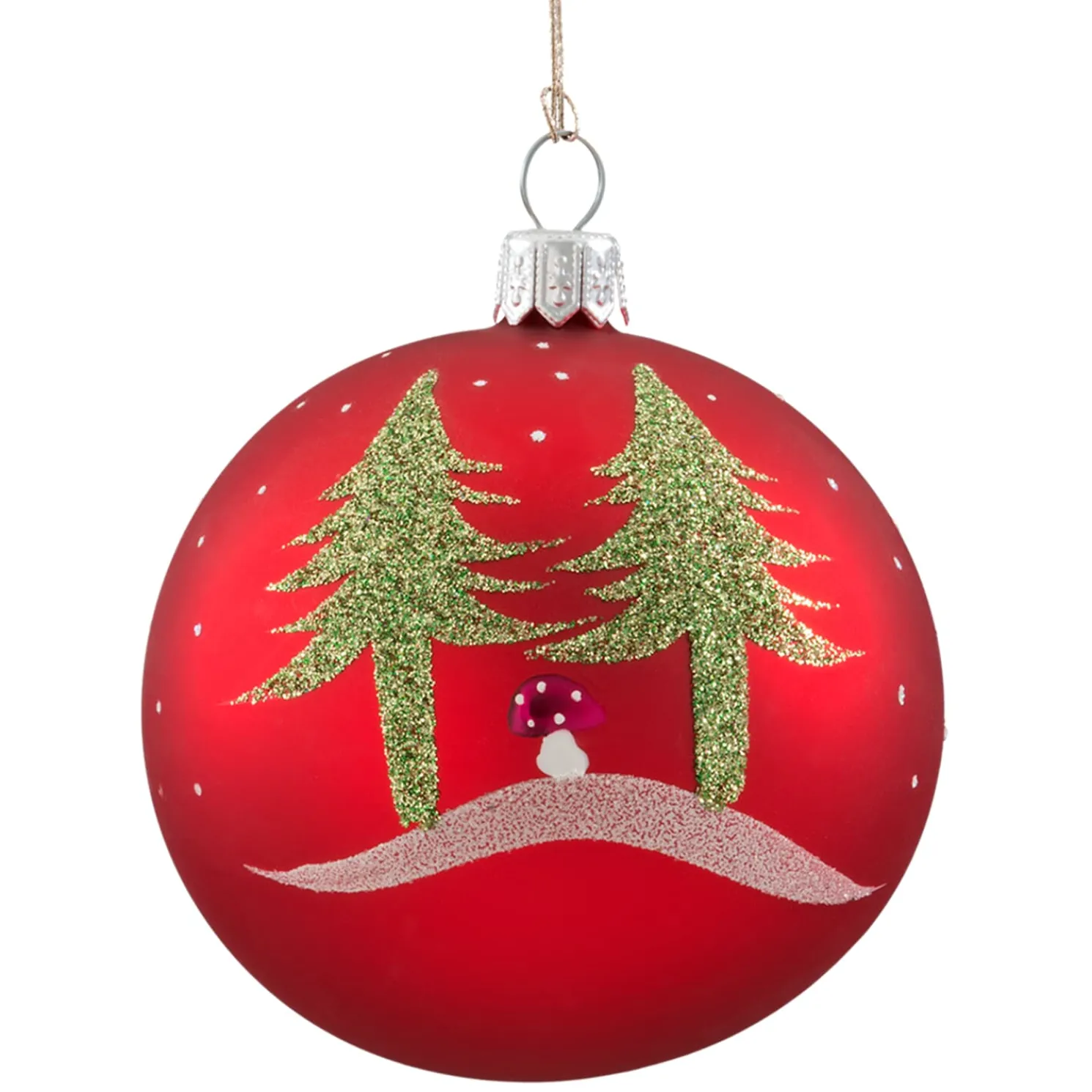 Glaskugel Rot Matt Mit Baumen Und Pilzen, 7 Cm