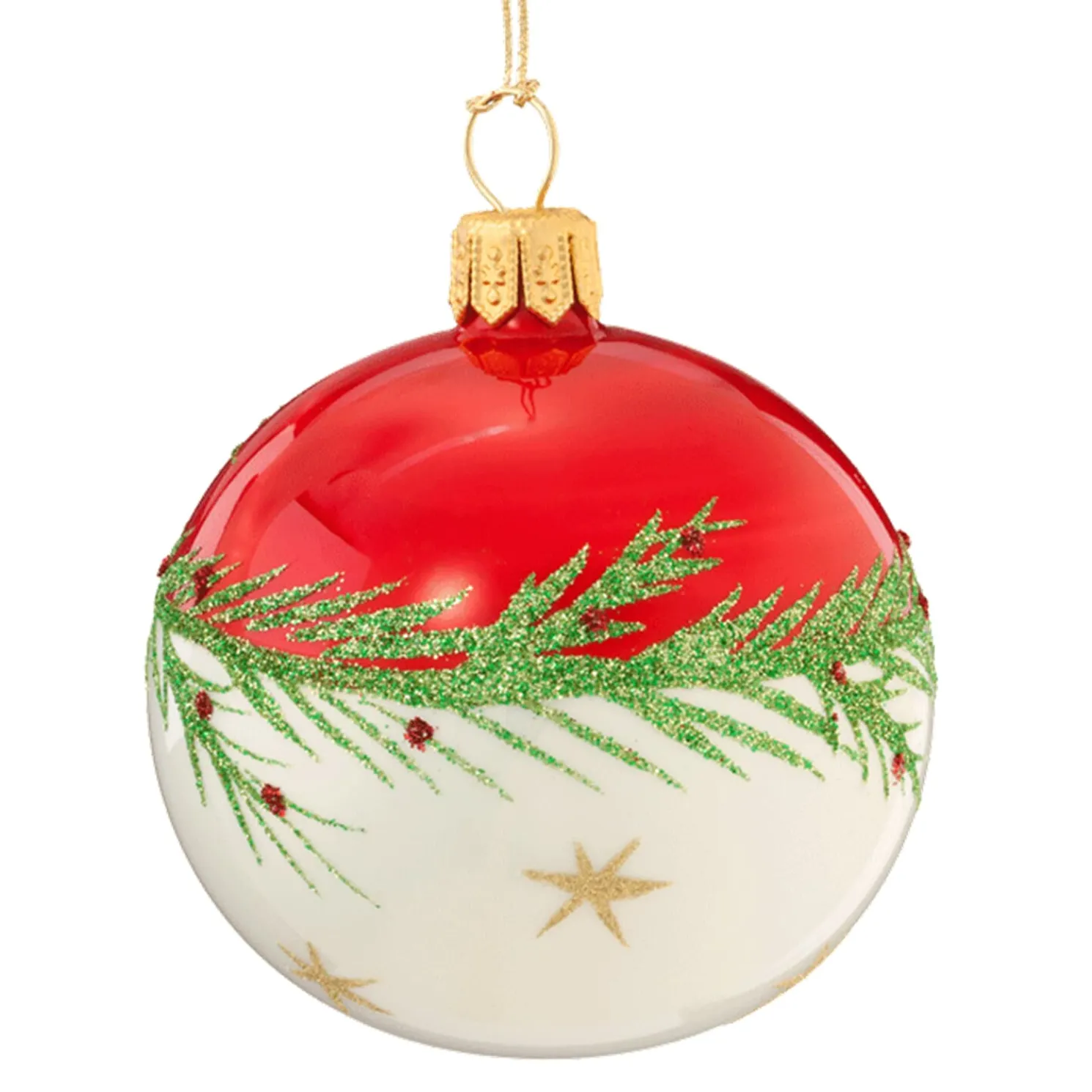Glaskugel Rot-Weis Mit Zweig Und Sternchen, 6 Cm