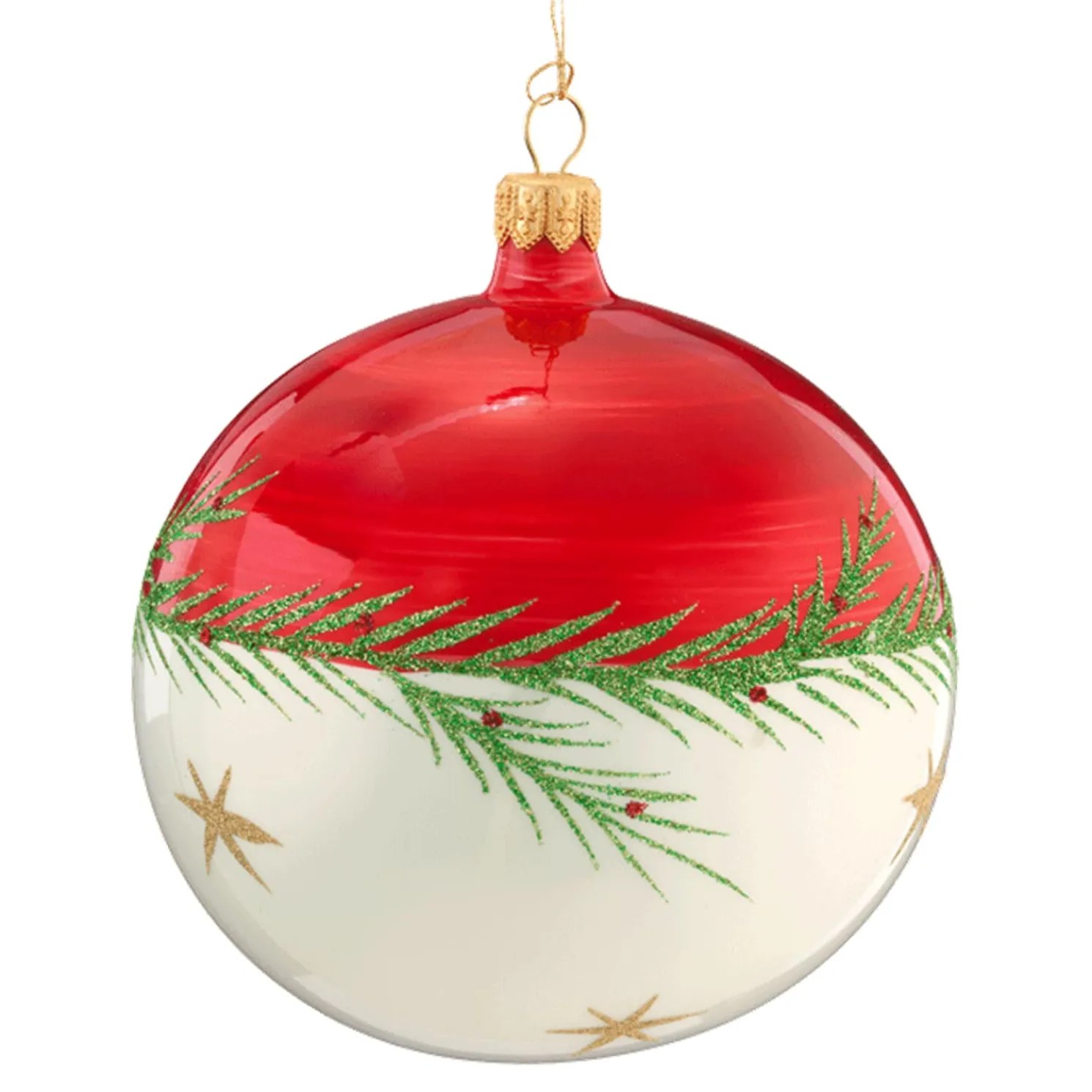 Glaskugel Rot-Weis Mit Zweig Und Sternchen, 10 Cm