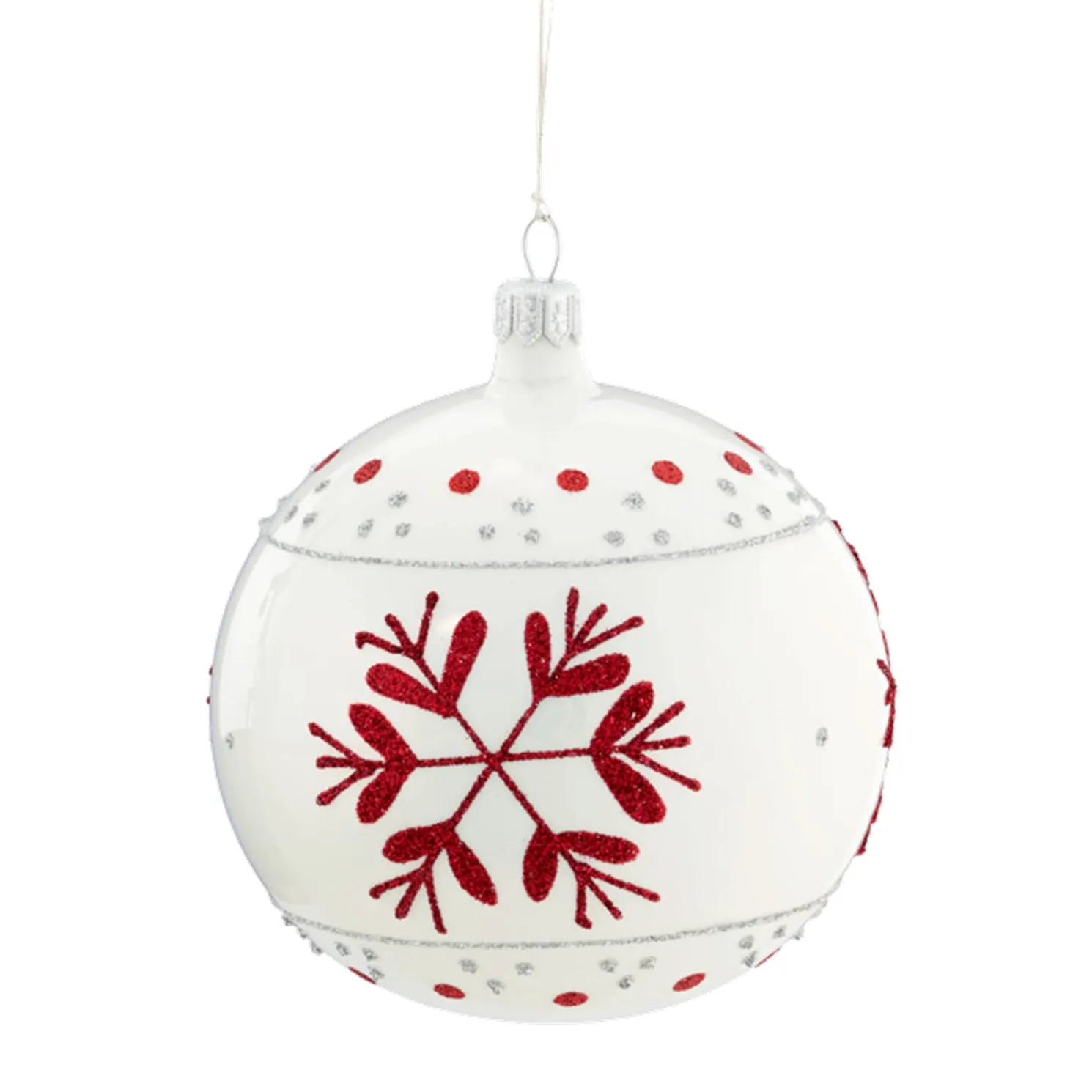Glaskugel Weis Mit Roten Flocken, 10 Cm